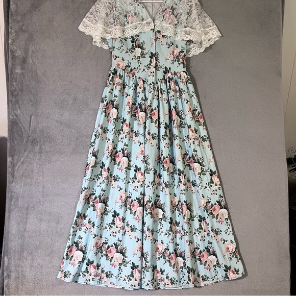 Scarlet Darkness Romantic Long Dress Blue Pink Floral Lace Collar Womens Small - Picture 3 of 11